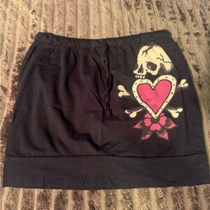 Ed Hardy Black Mini Skirt with Pink Heart & Cream Skull Graphic